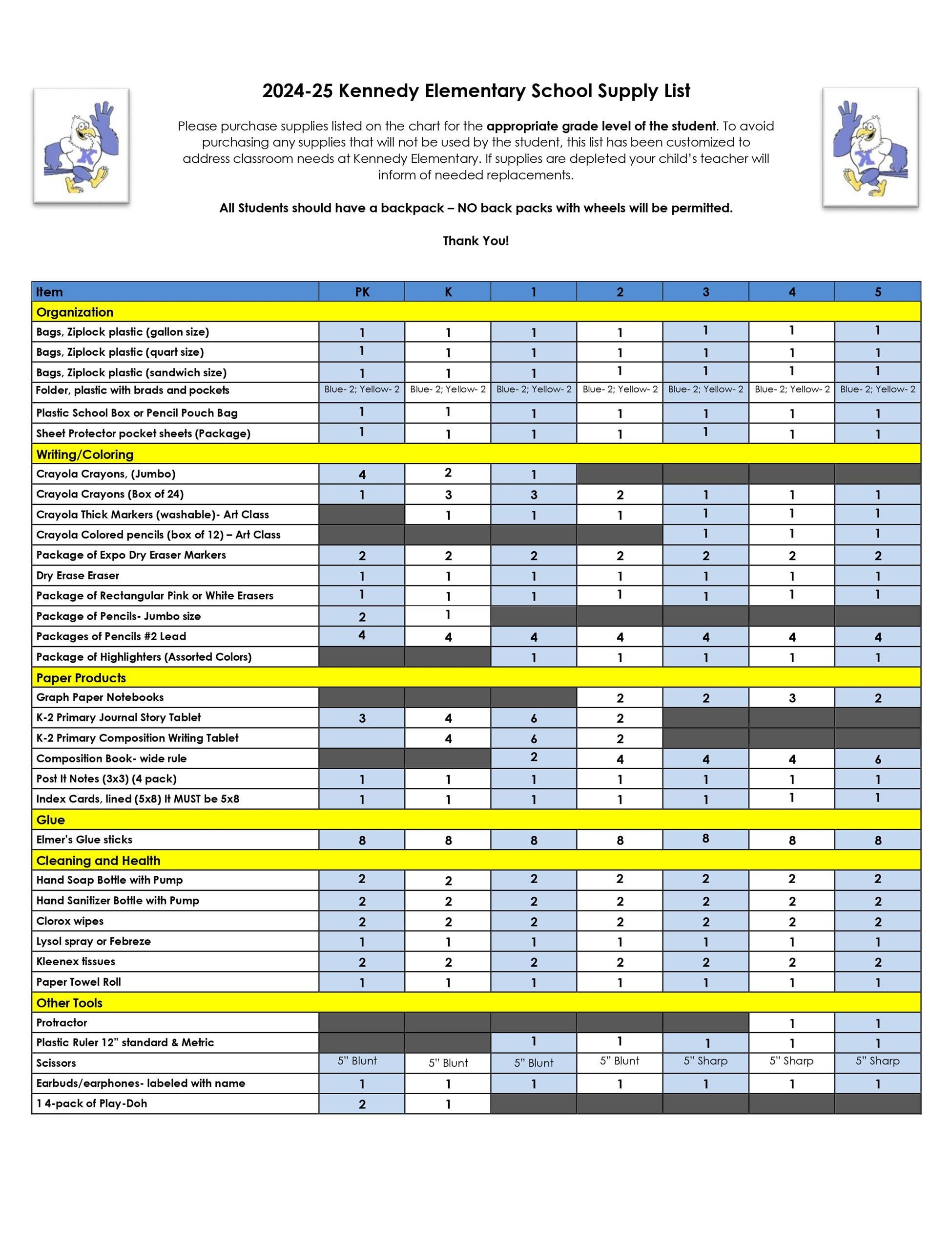  School Supply List 24-25